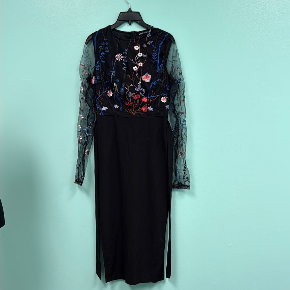 Shein long sleeve belted embroidery mesh pencil dress in multi/black size m.NWOT